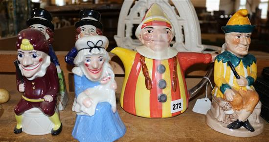 Wood Mr Punch teapot and Toby jug, Wade limited edition Punch and Judy and two Disraeli figures (1 a.f)